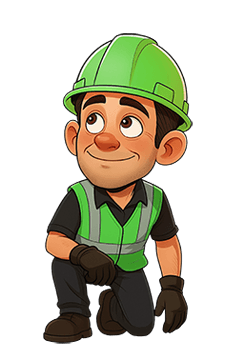 Cartoon construction worker wearing green hard hat and vest, kneeling down.