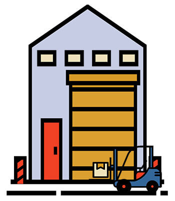 Blue forklift carrying a box in front of a warehouse with yellow roller door